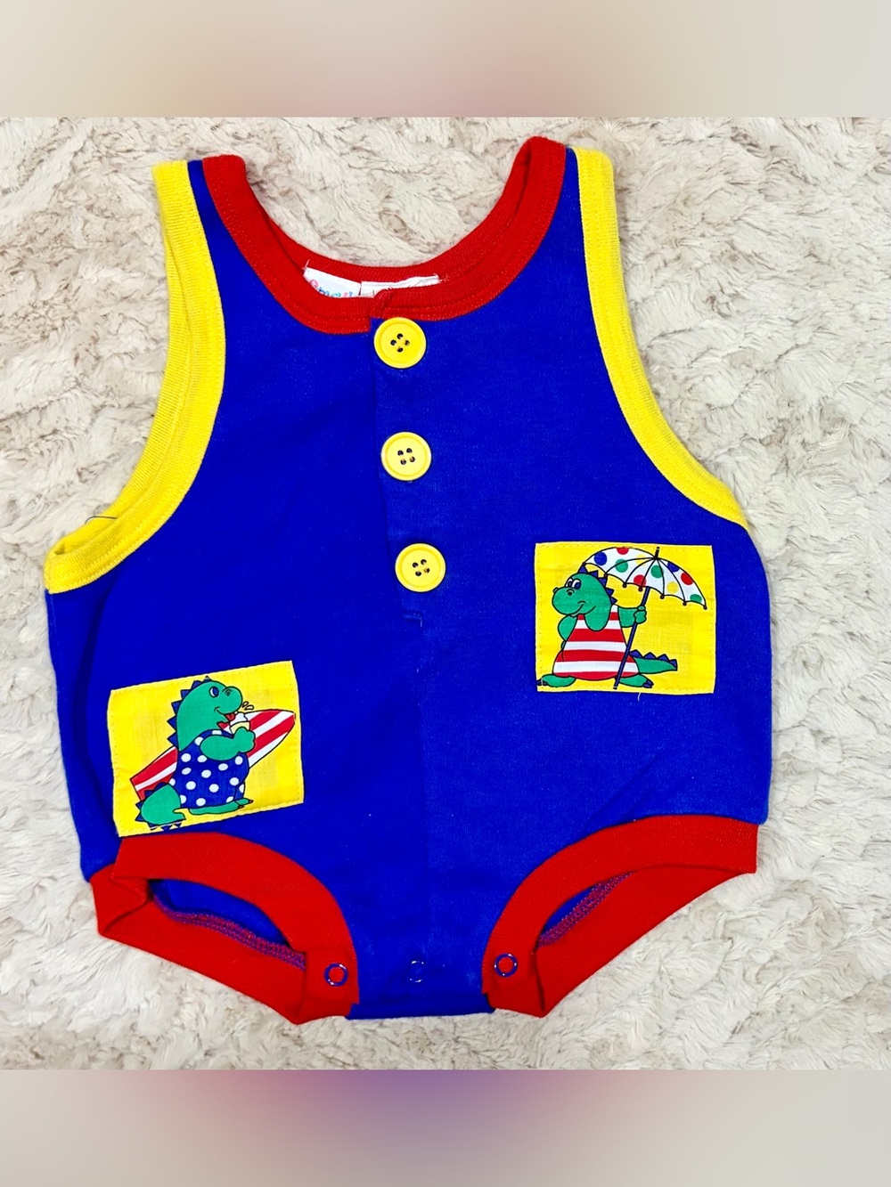 3-6m Small Steps Vingage Blue & Yellow Dino One-Piece Romper
